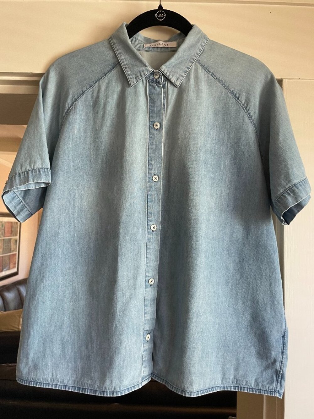 Everlane Chambray Short Sleeve Boxy Crop Button Up - L